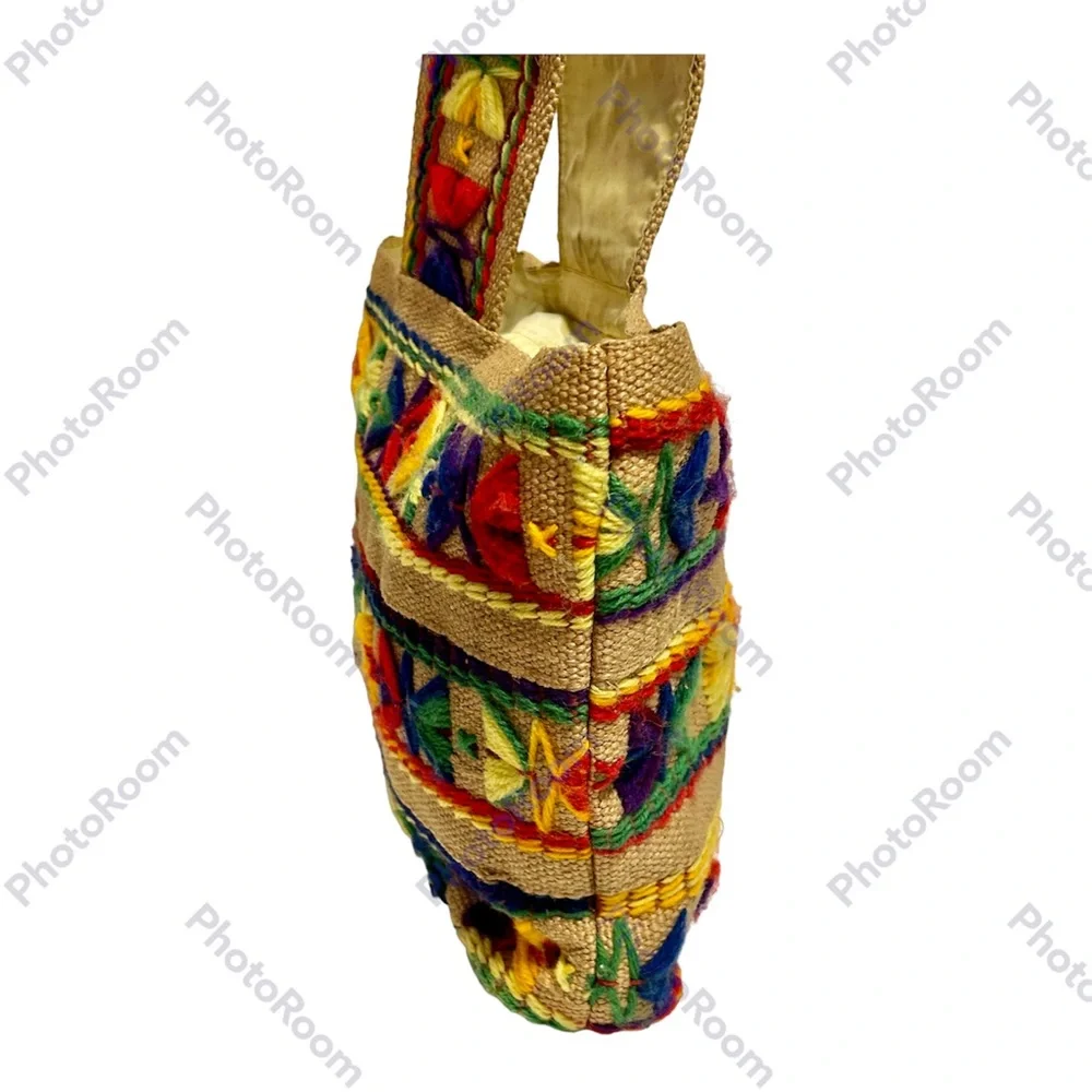 Vintage 70s Burlap Purse Bag Tote Multi Color Embroidery BOHO Hippie 14" - Picture 2 of 9
